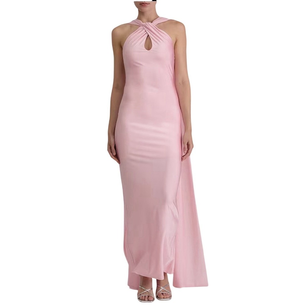 Lulus Pink Aurora Sateen Scarf Halter Criss‎ Cross Front A-Line Maxi Dress Small